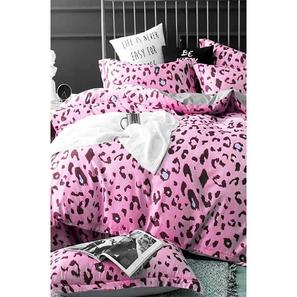 Розов удължен памучен чаршаф за двойно легло от четири части 200x220 cm Leopard – Mila Home