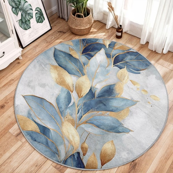 Синьо-златист кръгъл килим подходящ за пране ø 120 cm Golden Leaves – Mila Home-image-2