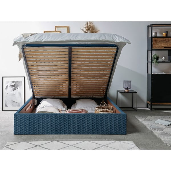 Синьо тапицирано двойно легло с място за съхранение с решетка 160x200 cm Adele - Bobochic Paris-image-3
