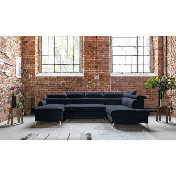 Тъмносин кадифен U-образен ъглов диван (десен ъгъл) Sweet Harmony - Miuform-image-1