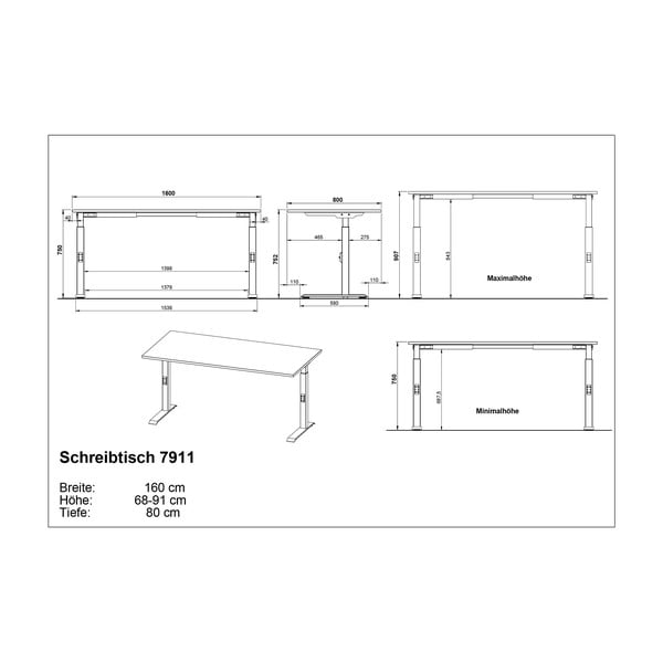 Работна маса с регулируема височина с дъбов плот 80x160 cm Agenda – Germania-image-4