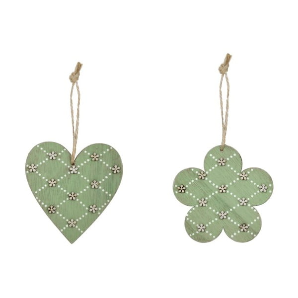 Комплект от 2 зелени дървени висящи декорации с мотиви на сърца и цветя Ego Dekor, 9,5 x 9,5 cm - Ego Dekor