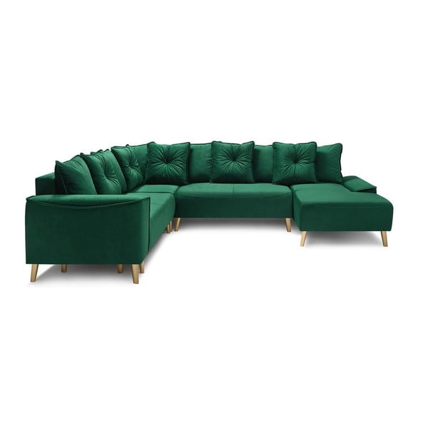 Разтегателен диван от зелено кадифе в П-образна форма със златни крака Panoramique XXL Hera, десен ъгъл - Bobochic Paris