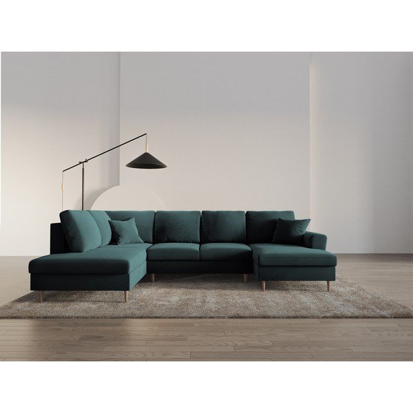 Кадифен разтегателен ъглов диван с място за съхранение в петролен цвят (ляв ъгъл/U форма) Kyoto – Cosmopolitan Design-image-2