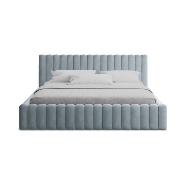 Светлосиньо двойно легло 160x200 cm тапицирано с място за съхранение с включена подматрачна рамка Lemi – Makamii-image-4