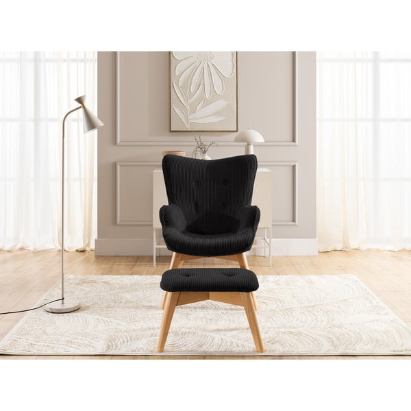 Черен фотьойл с табуретка от рипсено кадифе Niko – Ropez-image-1