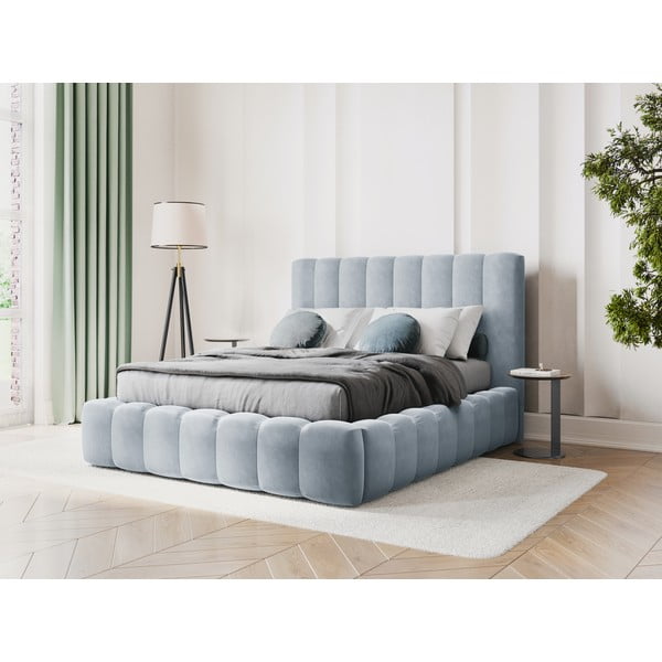 Светлосиньо тапицирано двойно легло с място за съхранение 160x200 cm Kelp - Micadoni Home-image-1