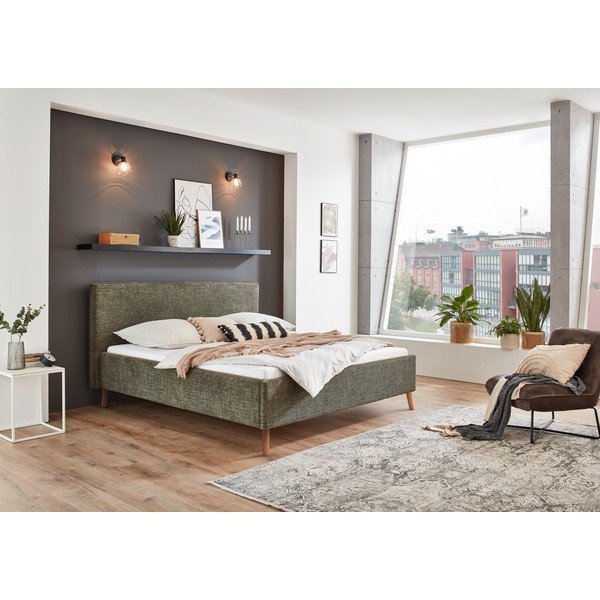 Тъмнозелено двойно легло 160x200 cm тапицирано с място за съхранение с включена подматрачна рамка Riva – Meise Möbel-image-1