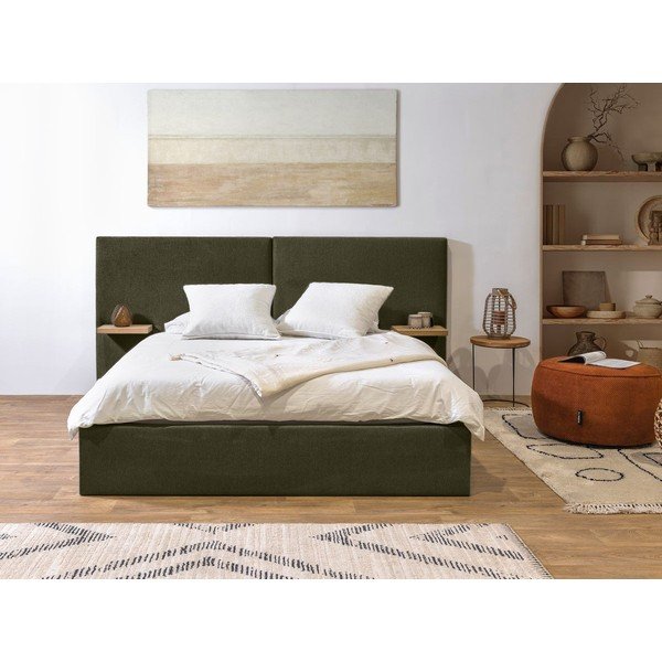 Тъмнозелено тапицирано двойно легло с място за съхранение с решетка 160x200 cm Blandine - Bobochic Paris-image-1