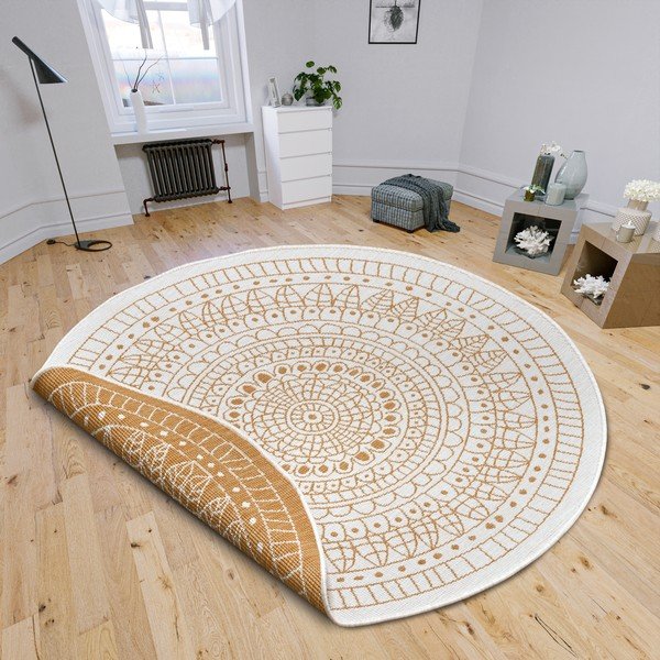 Кръгъл външен килим в бял цвят и жълта охраø 140 cm Porto – NORTHRUGS-image-1