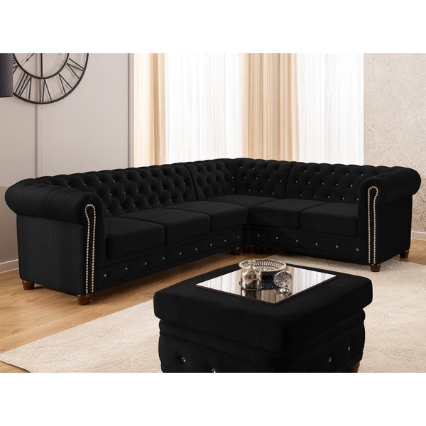 Черен кадифен сгъваем ъглов диван (десен ъгъл/L форма) York Blik – Ropez-image-1