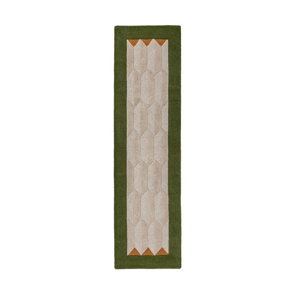 Зелена/в естествен цвят ръчно изработена вълнена пътека 60x230 cm Apex Border Wool – Flair Rugs