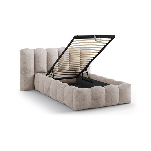Светлокафяво единично легло 90x200 cm тапицирано с място за съхранение с включена подматрачна рамка Lupine – Micadoni -image-1