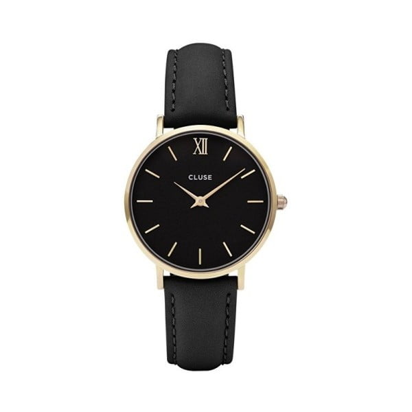 Дамски черен часовник с кожена каишка и златни детайли Minuit - Cluse