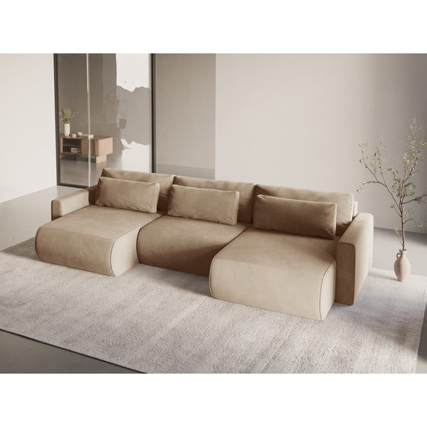 Светлокафяв кадифен разтегателен ъглов диван с място за съхранение (U форма) Belfast – Cosmopolitan Design-image-1