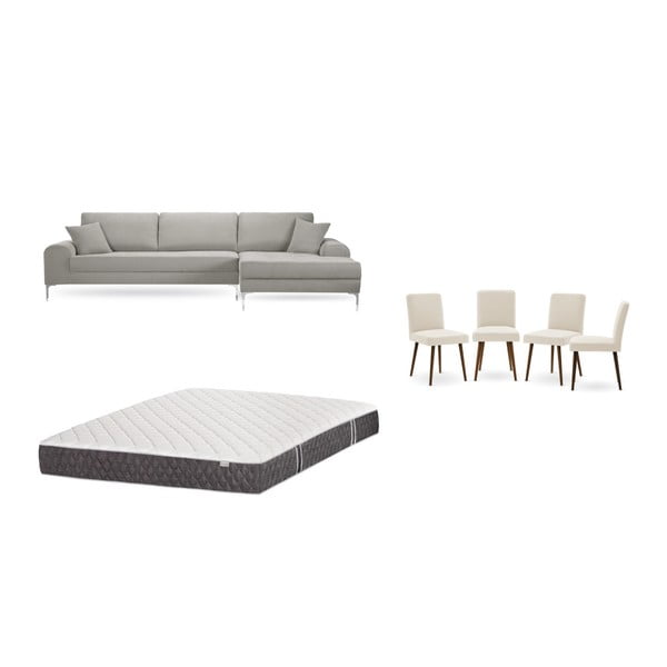 Комплект от светлосив диван с мързелив диван вдясно, 4 кремави стола и матрак 160 x 200 cm - Home Essentials