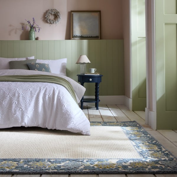 Ръчно изработен килим със смес от вълна в синьо и цвят слонова кост 200x290 cm Myla Floral Frame – Flair Rugs-image-1