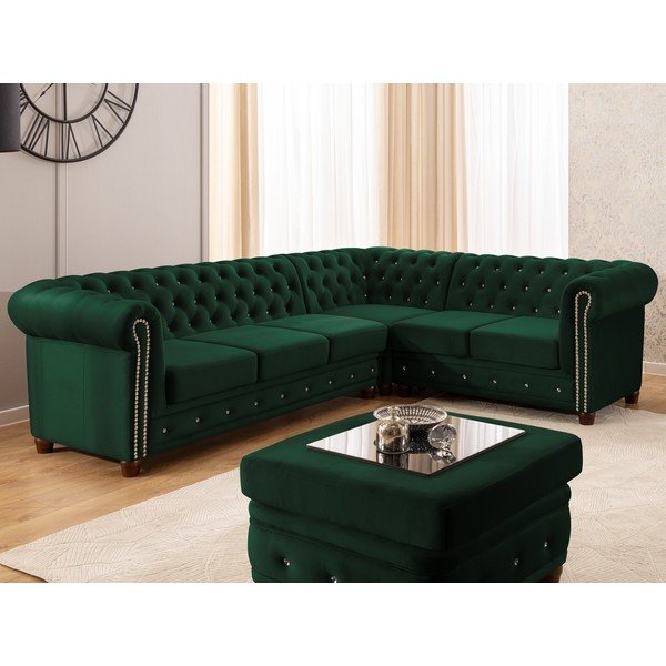 Зелен кадифен сгъваем ъглов диван (десен ъгъл/L форма) York Blik – Ropez-image-1