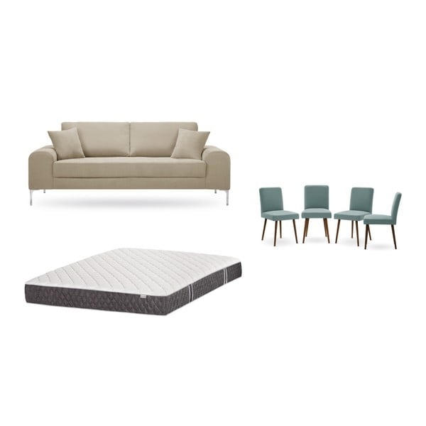 Комплект от триместен сиво-бежов диван, 4 сиво-зелени стола и матрак 160 x 200 cm - Home Essentials