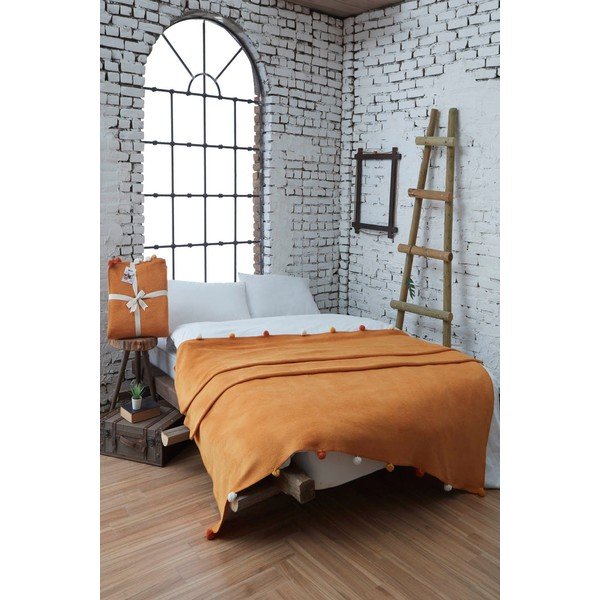 Покривало за легло от флийс в цвят горчица 200x220 cm Pom Pom – Mijolnir-image-1