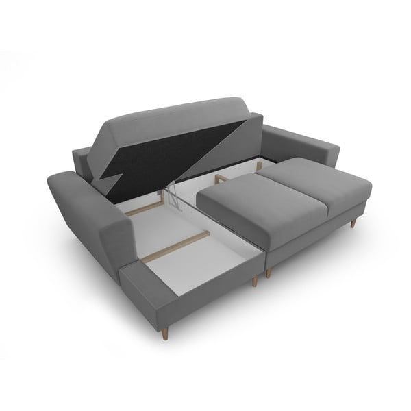 Светлосив кадифен разтегателен ъглов диван с място за съхранение (ляв ъгъл) Kyoto – Cosmopolitan Design-image-3