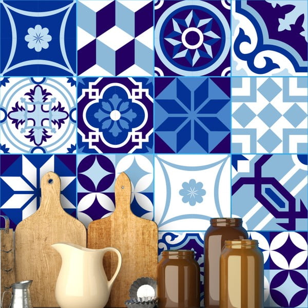 Комплект от 16 стикера за стена Плочки за стена Azulejos Shade of Blue, 20 x 20 cm - Ambiance
