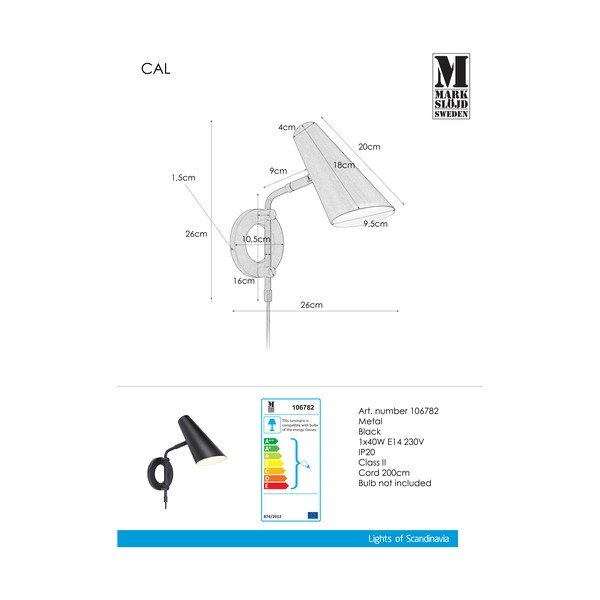 Черна стенна лампа за контакт ø 9,5 cm Cal – Markslöjd-image-2