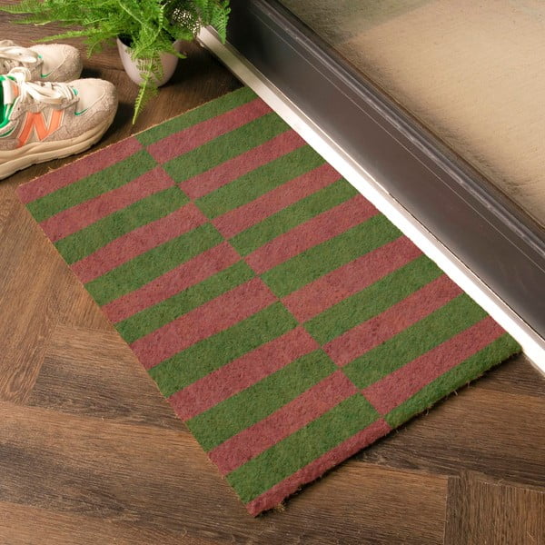 Изтривалка от кокосови влакна 40x60 cm Pink & Green Half Stripes – Artsy Doormats-image-1