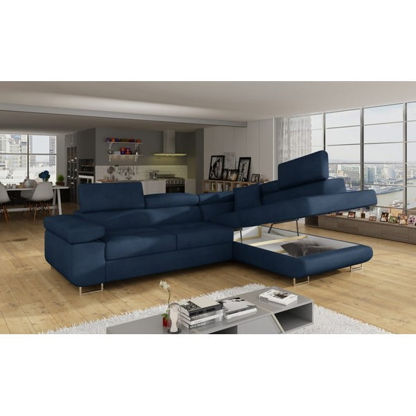 Син кадифен разтегателен ъглов диван с място за съхранение (десен ъгъл L форма) Anton – ELTAP-image-4
