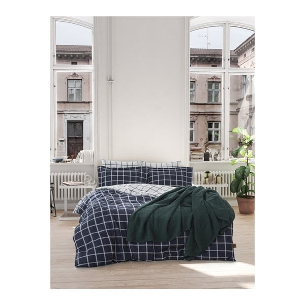 Тъмносиньо памучно спално бельо с чаршаф за двойно легло, 200 x 220 cm Casual - Unknown
