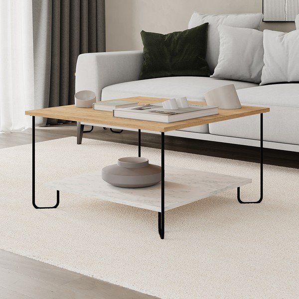 Масичка за кафе с плот от дъб с декор в бял и естествен цвят 80x80 cm Tonka - Marckeric-image-3