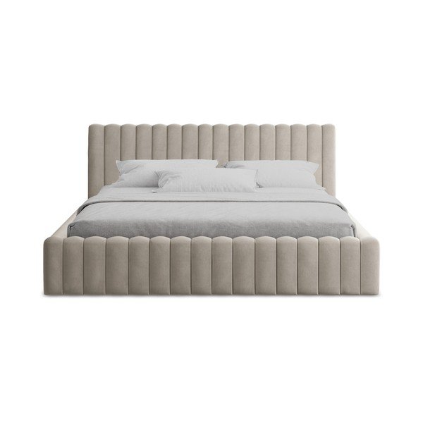 Кафяво-сиво двойно легло 160x200 cm тапицирано с място за съхранение с включена подматрачна рамка Lemi – Makamii-image-4