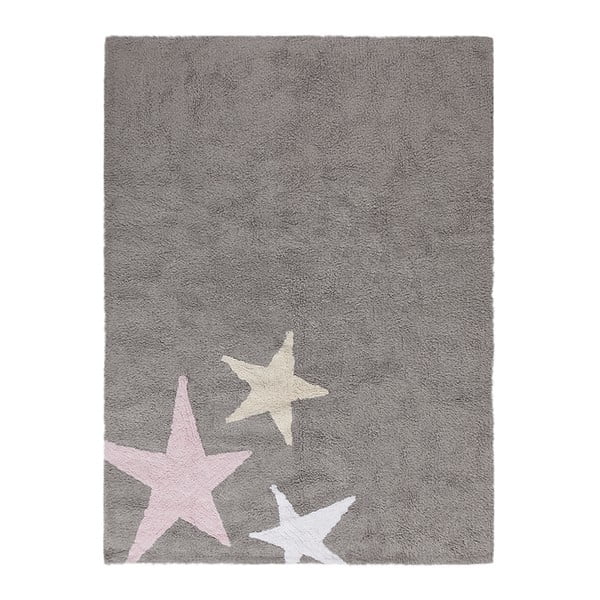 Šedý bavlněný ručně vyráběný koberec s růžovou hvězdou Lorena Canals Three Stars, 120 x 160 cm