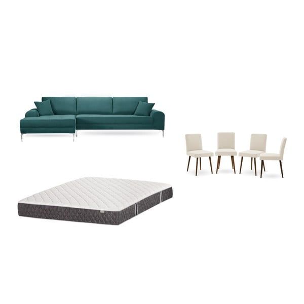 Комплект от син диван с шезлонг вляво, 4 кремави стола и матрак 160 x 200 cm - Home Essentials