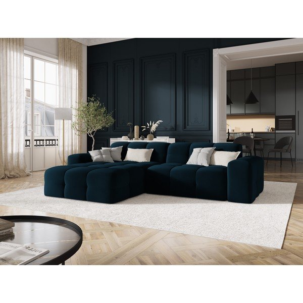 Тъмносин ъглов диван от кадифе (ляв ъгъл) Kendal - Micadoni Home-image-1