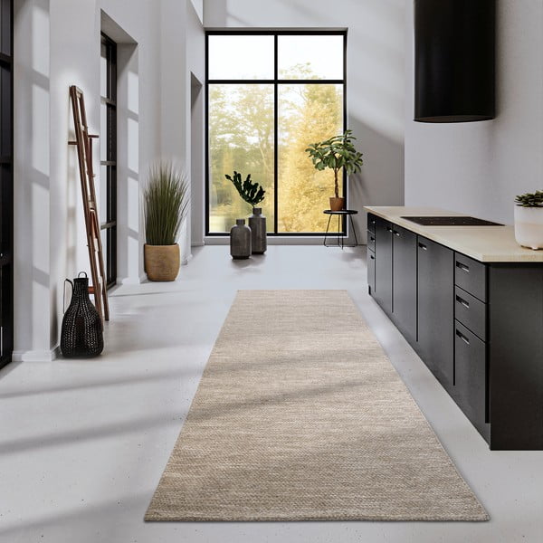 Бежова ръчно изработена пътека със смес от вълна 80x200 cm Pradesh Linen White – Elle Decoration-image-1