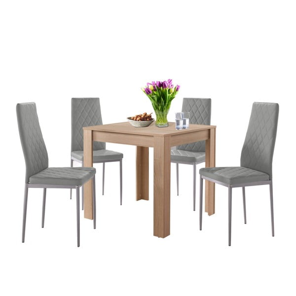 Set jídelního stolu v dubovém dekoru a 4 šedých jídelních židlí Støraa Lori and Barak, 80 x 80 cm