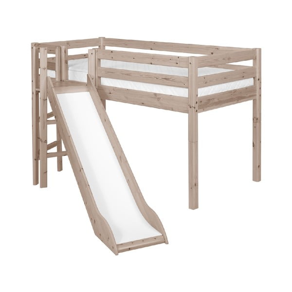 Кафяво средно високо детско легло от борова дървесина с пързалка , 90 x 200 cm Classic - Flexa