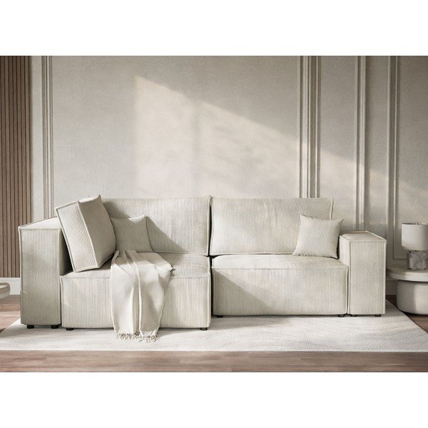 Кремав сгъваем/с място за съхранение ъглов диван от рипсено кадифе (ляв ъгъл/L форма) Tonga – Maison de Rêve-image-1