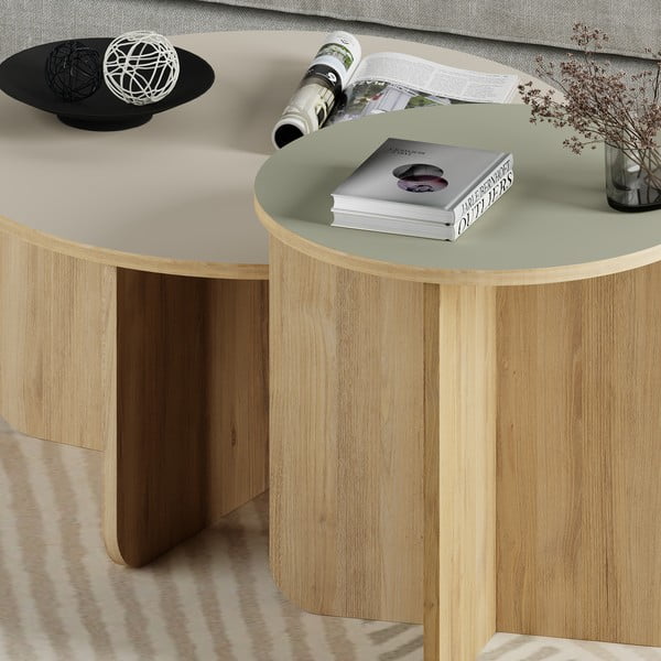 Кремави/естествени кръгли масички за кафе в комплект 2 бр. от декор от дъб  ø 70 cm Hillary – Marckeric-image-3