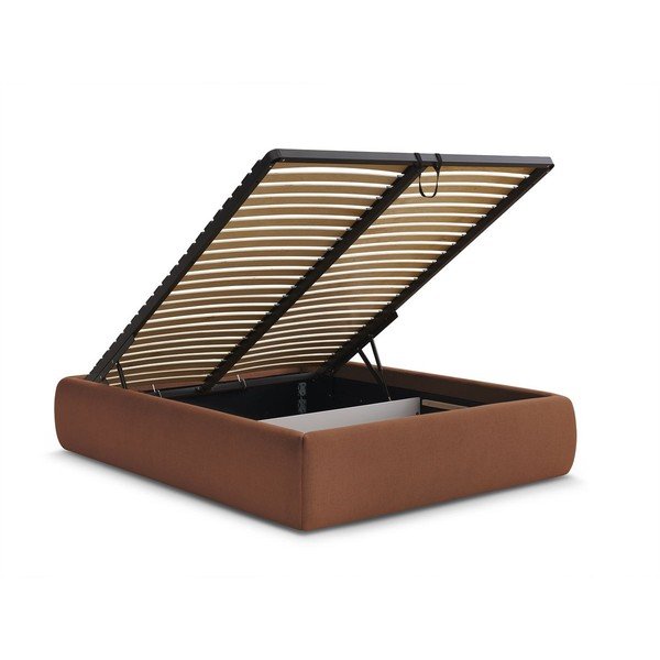 Оранжево тапицирано двойно легло без табла с място за съхранение и включена подматрачна рамка 180x200 cm Inera – Bobochic Paris-image-3