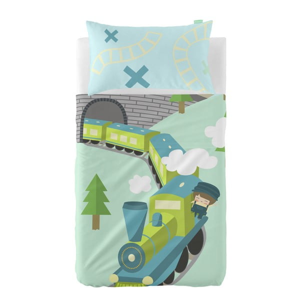 Комплект чаршаф и калъфка за възглавница от чист памук Влак, 120 x 180 cm - Happynois