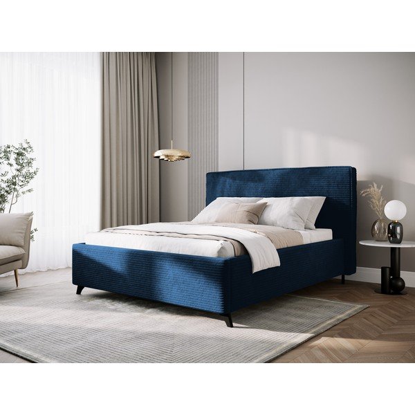 Тъмносиньо тапицирано двойно легло с място за съхранение и решетка 160x200 cm Malou - Milo Casa-image-1