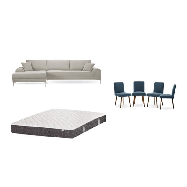 Комплект от кремав диван с ляво кресло, 4 сини стола и матрак 160 x 200 cm - Home Essentials