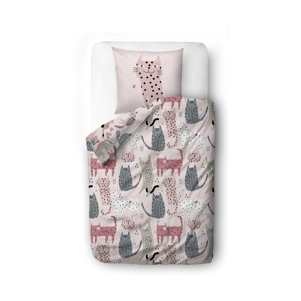 Розово единично  детско спално бельо от памучен сатен 140x200 cm Meow Meow – Butter Kings