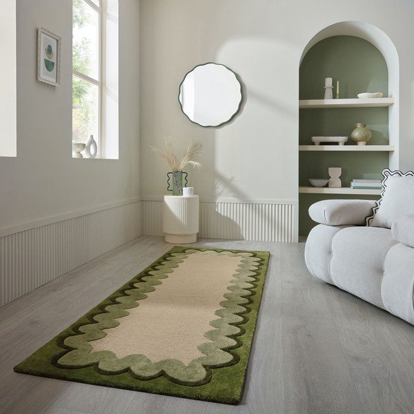 Зелена/в естествен цвят ръчно изработена вълнена пътека 80x230 cm Wiggle Wool – Flair Rugs-image-1