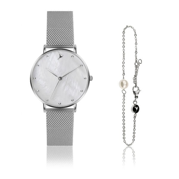 Дамски часовник и гривна от неръждаема стомана в сребрист цвят Dots - Emily Westwood