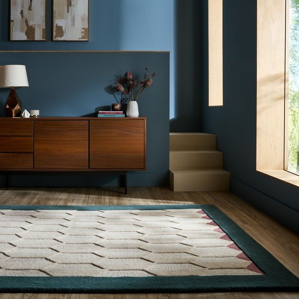 Ръчно изработен вълнен килим в естествен цвят/тюркоазен 120x170 cm Apex Border Wool – Flair Rugs-image-1