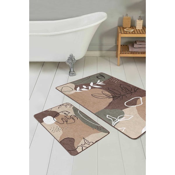 Кафяви кадифени постелки за баня в комплект от 2 бр. 60x100 cm Abstract Faces – Mila Home-image-1