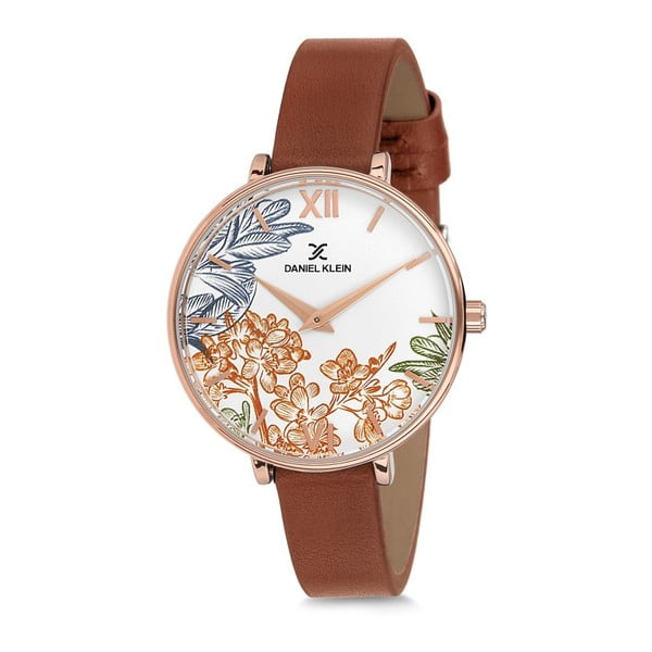 Дамски часовник с кафява кожена каишка Floral - Daniel Klein